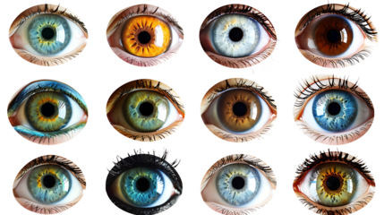 Assorted human eyes, featuring different iris colors and detailed reflections, isolated on a white background