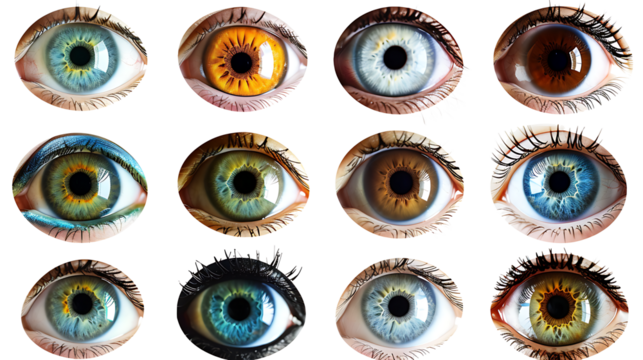 Assorted human eyes, featuring different iris colors and detailed reflections, isolated on a white background