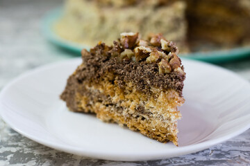 Delicious homemade cake with meringue, peanuts and walnuts on a light background. Appetizing piece of cake on a white plate close-up. Concept of natural homemade baking