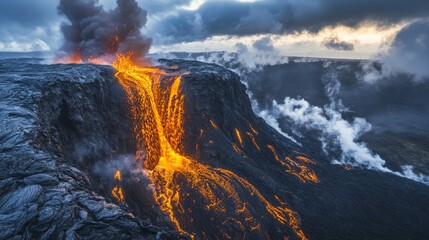 Fototapeta premium Captivating view of a volcanic eruption with glowing red lava flowing over rugged terrain, surrounded by dense smoke and dramatic skies, showcasing raw natural power.. AI Generation