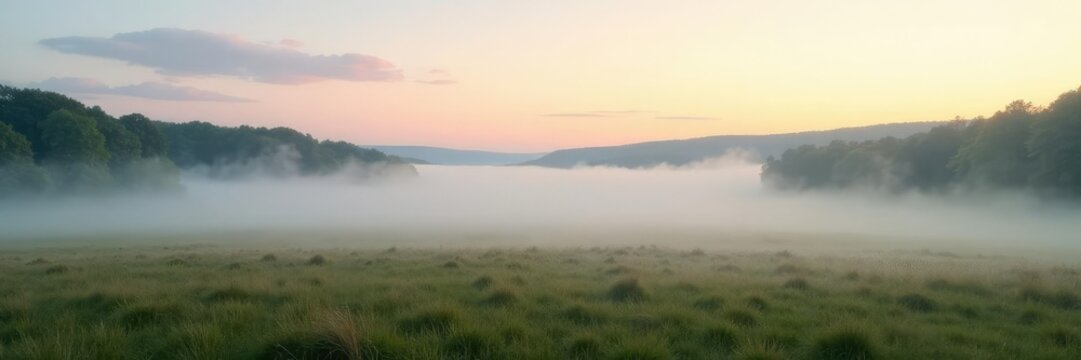 Morning fog rolls in across a misty landscape with a few wispy clouds, soft, gently rolling,