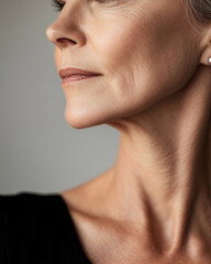 Obraz premium close up of mature woman face and neck, highlighting her smooth skin and subtle wrinkles, with serene expression