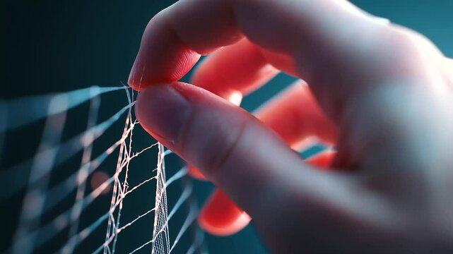 A hand stitching a safety net from torn pay stubs
