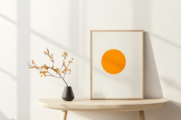 Minimalist home decor with orange art.