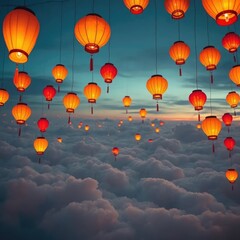 Obraz premium Lanterns suspended above the clouds create a mystical atmosphere in the sky, soft light,