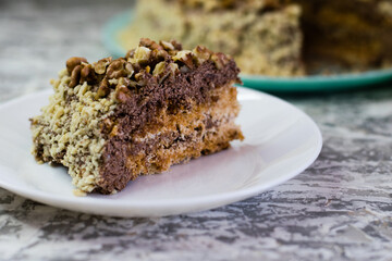 Delicious homemade cake with meringue, peanuts and walnuts on a light background. Appetizing piece...
