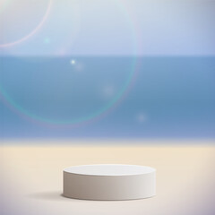 White cylindrical podium on the summer beach blurred background. Vector 3D design template for product presentation