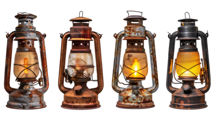 Antique kerosene lanterns with rustic designs, vintage lighting collection, isolated on a white background