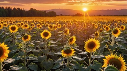 Obraz premium Golden Sunset Over a Vibrant Sunflower Field