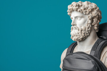 Obraz premium Classical Greek statue with modern hiking backpack. Travel, vacation, hiking, sport, exploration, wanderlust. Tourist with bag, travel more concept. Greece tourism, visit Greece.