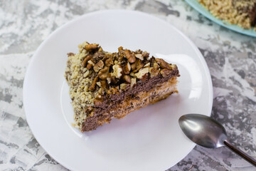 Delicious homemade cake with meringue, peanuts and walnuts on a light background. Appetizing piece...