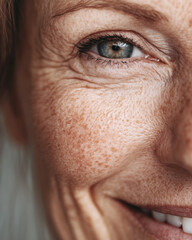 close up of smiling face with visible freckles and wrinkles around eye, showcasing natural beauty