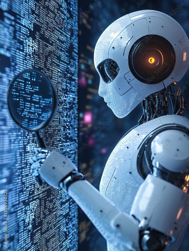 Poster an ai robot with a magnifying glass, inspecting lines of code on a digital screen, symbolizing artif