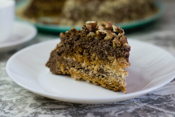 Delicious homemade cake with meringue, peanuts and walnuts on a light background. Appetizing piece of cake on a white plate close-up. Concept of natural homemade baking