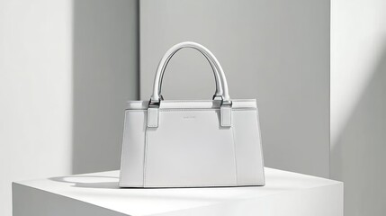 A pristine white handbag is displayed on a minimalistic pedestal