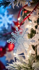 Glittering snowflake decorations on a festive Christmas star, frosty, winter wonderland