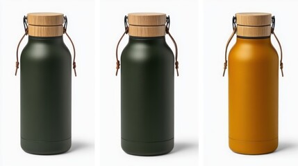 Three insulated reusable water bottles with wooden caps and straps