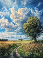 Naklejka premium Serene Meadow Landscape under Idyllic Skies