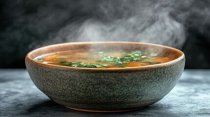 A delicious bowl of steaming soup with fresh green herbs