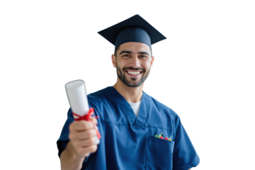 Young male medical graduate in blue scrubs and cap holding diploma, smiling confidently. Isolated on white background, concept of success. Ai generative