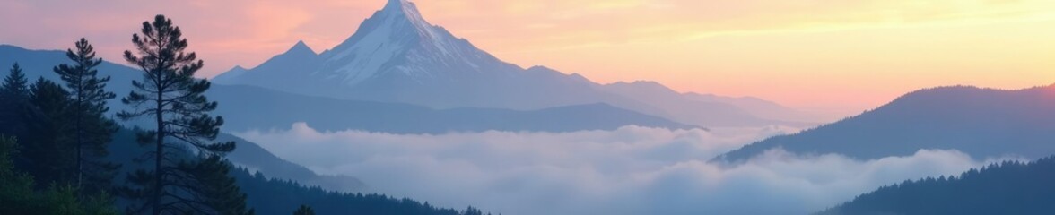 Obraz premium Foggy morning scene with towering pine and mountain, morning, mountain