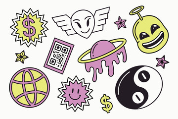 31 Colorful sticker pack, retro and modern icons, emojis, graffiti style, internet culture symbols, alien face, angel figure, smiley faces, QR code, dollar sign, purple rings, melting smiley, neon col