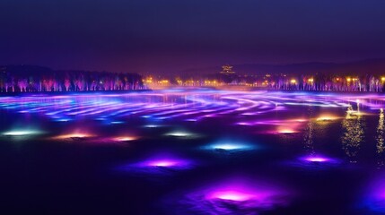 Obraz premium A beautiful night scene showing lights on a still lake