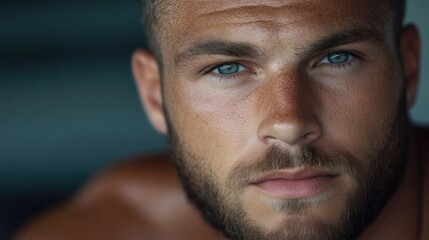 Fototapeta premium Close-up portrait of a man with light skin, blue eyes, and a beard