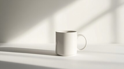 A white ceramic mug sits on a white surface