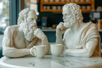 Two white marble statues of Greek philosophers sitting at a caf? table, engaging in deep conversation over coffee. Philosophy, dialogue, intellect, and timeless discussion in a modern context.