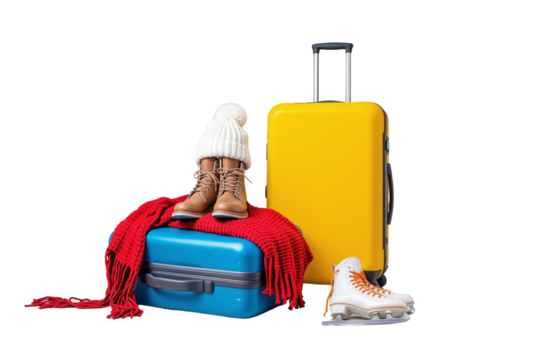 Winter travel essentials including suitcases, boots, scarf, hat, and ice skates isolated on white background. Concept of holiday packing. Ai generative