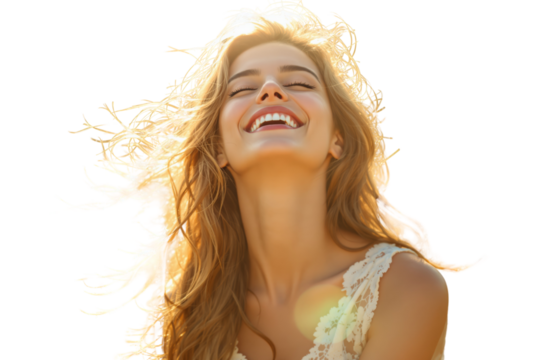 Happy woman with flowing hair smiling brightly in sunlight on a white background, expressing joy and positivity. Ai generative