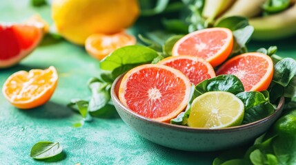 Fresh sliced citrus fruits and green leafy vegetables arranged artfully