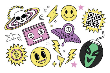 31 Colorful sticker pack, retro and modern icons, emojis, graffiti style, internet culture symbols, alien face, angel figure, smiley faces, QR code, dollar sign, purple rings, melting smiley, neon col