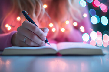 Woman writing thoughts in a diary under soft bokeh lighting. A contemplative woman writing in a notebook, illuminated by warm decorative lights in an intimate setting.