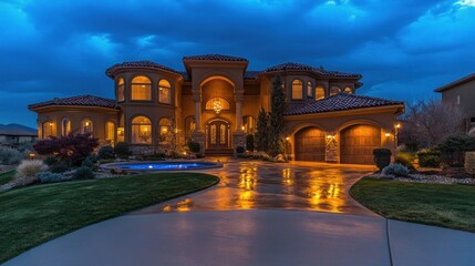 A large luxurious house is illuminated at dusk showing detail