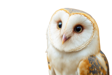 Closeup of a barn owl with detailed feathers and large eyes on a white background. Concept of wildlife, nature, and bird species. Ai generative
