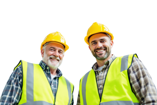 Two smiling construction workers in yellow hard hats and safety vests, isolated on a white background. Concept of teamwork and industry. Ai generative
