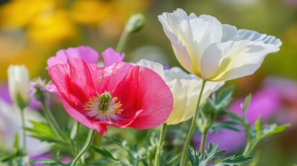 Naklejka premium Beautiful colorful poppy flowers blooming with vibrant petals in spring