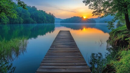 Naklejka premium Serene lake sunrise. Wooden dock