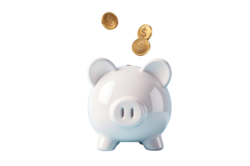 White piggy bank with gold coins falling in, isolated on white background. Concept of saving money, investment, and financial growth. Ai generative