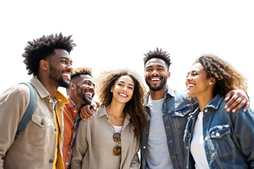 Diverse group of young friends smiling and embracing each other on a white background. Concept of friendship, happiness, and togetherness. Ai generative