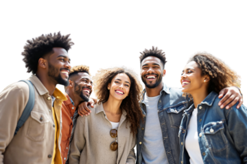 Diverse group of young friends smiling and embracing each other on a white background. Concept of friendship, happiness, and togetherness. Ai generative