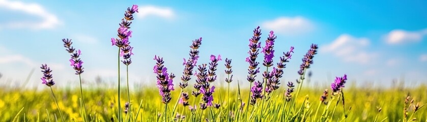 Obraz premium Purple lavender flowers waving in the grass under a blue sky