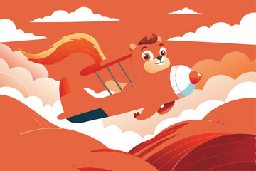 A whimsical vintage cartoon squirrel pilots a charming acorn-shaped airplane, soaring through a bright blue sky.