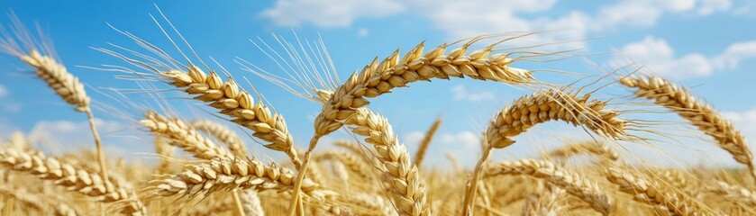Close up view of golden wheat stalks against blue sky