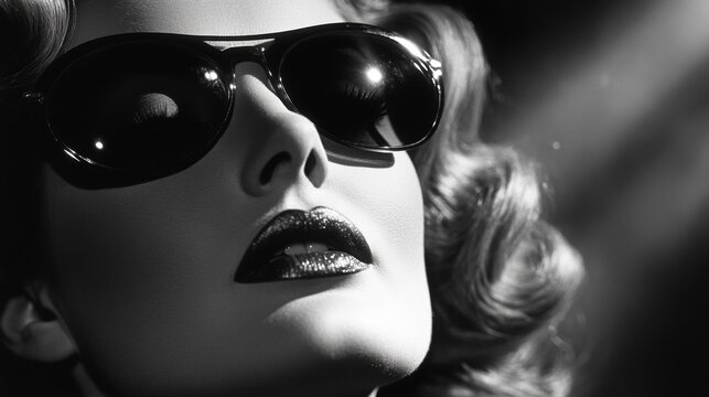 Glamorous female portrait in black and white with vintage sunglasses and curly hair - Powered by Adobe
