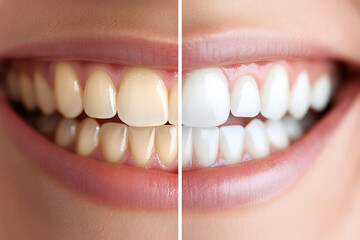 Side-by-side before and after photos of teeth whitening results, showcasing a clear transformation from stained or yellowed teeth to a brighter, whiter smile