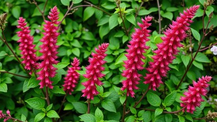 Obraz premium Dark pink astilbe blooms amidst lush greenery with leaves and branches, botanical, lush greenery, flowers