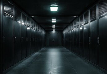 Dark corridor with metal lockers and a door at the end.